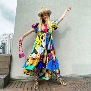 Christopher John‎ Rogers Short Puff Sleeve High-Low Hem Women's Dress Size XXS